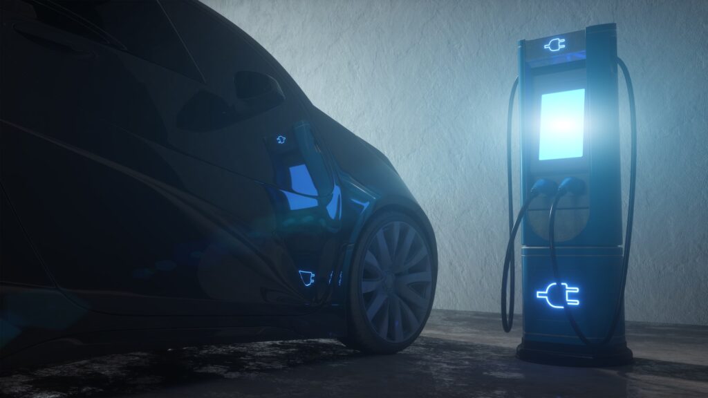Electric car or vehicle at charging station. 3d rendering image